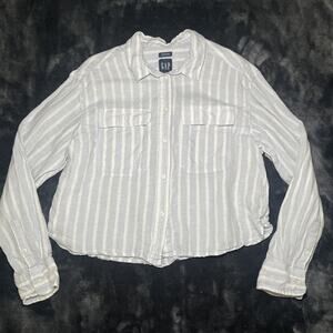 Gap 100% Linen Cropped Shirt Button Up Womens Size M Blue White Stripe Boxy